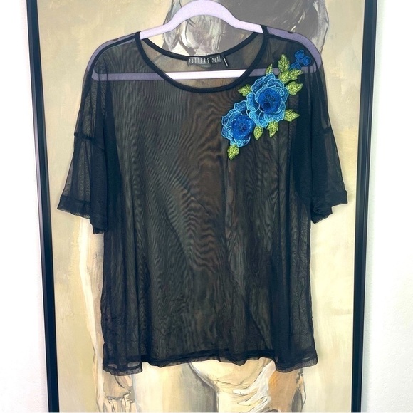 POTTER’S Pot Black Mesh Oversized Embroidered Top - Picture 1 of 4